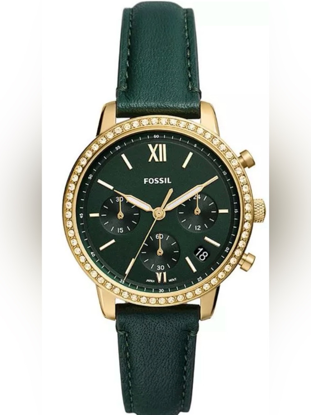 Fossil Dark Green Neutra Leather Strap Gold Crystal Bezel Chronograph Womens